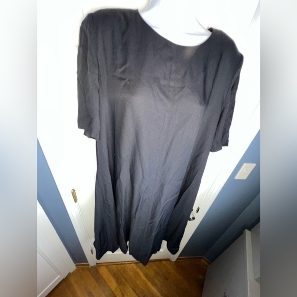 Vtg Elisabeth Liz Claiborne 14 Navy Midi Dress Acetate Button Short Sleeve XL